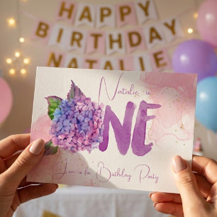 Watercolor hydrangea first Birthday Invitation