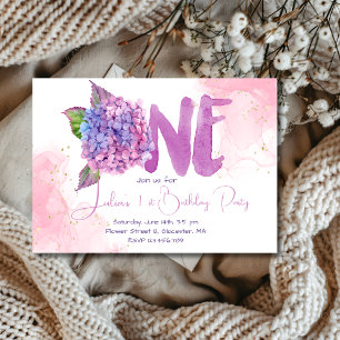 Watercolor hydrangea first Birthday Invitation