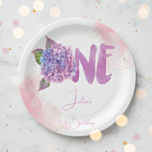 Watercolor hydrangea first Birthday Paper Plate