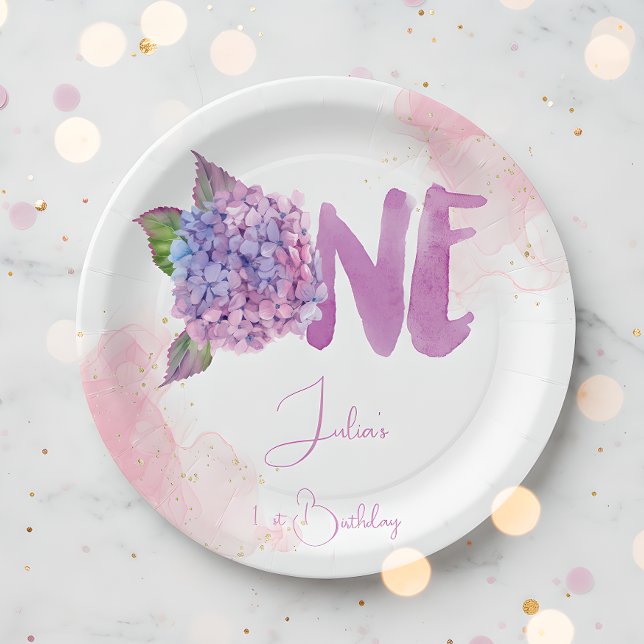 Watercolor hydrangea first Birthday Paper Plate (Creator Uploaded)
