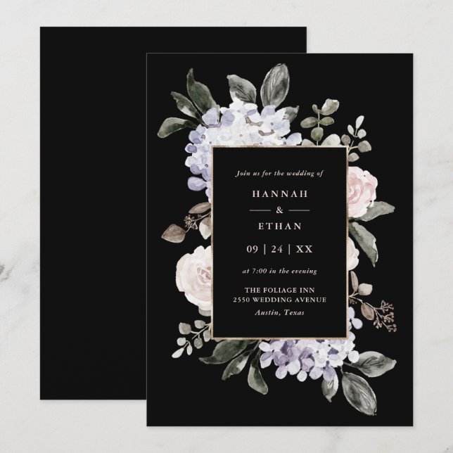 Watercolor Hydrangea Floral on Black | Wedding Invitation (Front/Back)