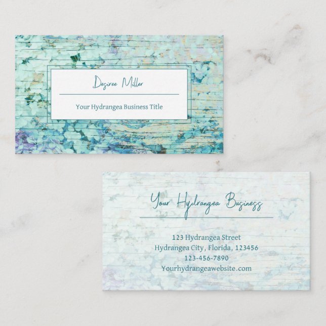 Watercolor Hydrangea Floral Teal Country Wood Business Card (Front/Back)