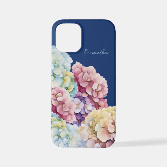 Watercolor Hydrangea Personalised Blue iPhone Case (Back)