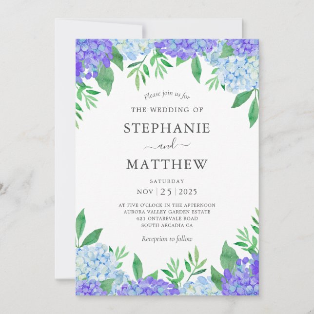 Watercolor Hydrangea Purple Blue Wedding Invitation (Front)