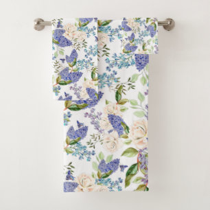 Watercolor Hydrangea & Rose Flowers Bath Towel Set