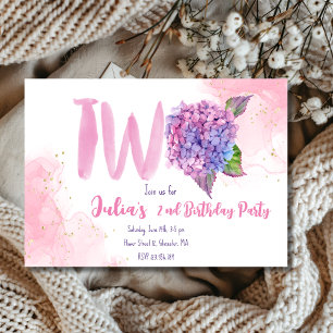 Watercolor hydrangea second Birthday Invitation