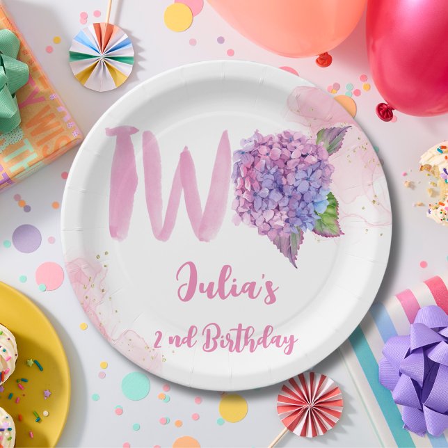 Watercolor hydrangea second Birthday Paper Plate (Creator Uploaded)