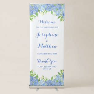 Watercolor Hydrangeas Blue Floral Wedding Retractable Banner