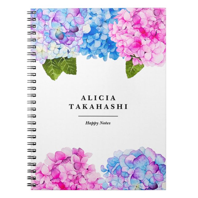 Watercolor Hydrangeas Flower | Add Your Name Notebook (Front)