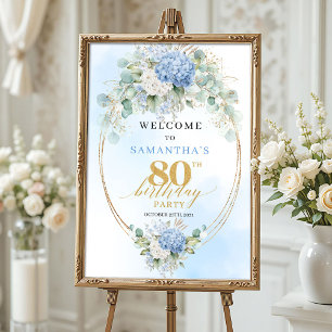 Watercolor Hydrangeas Gold 80th birthday welcome Poster
