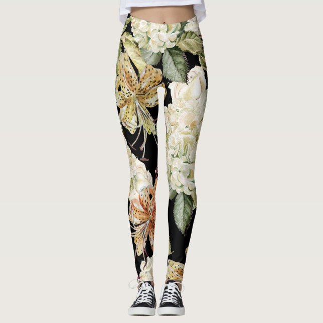 Watercolor Hydrangeas Lilies: Floral Pattern Leggings (Front)