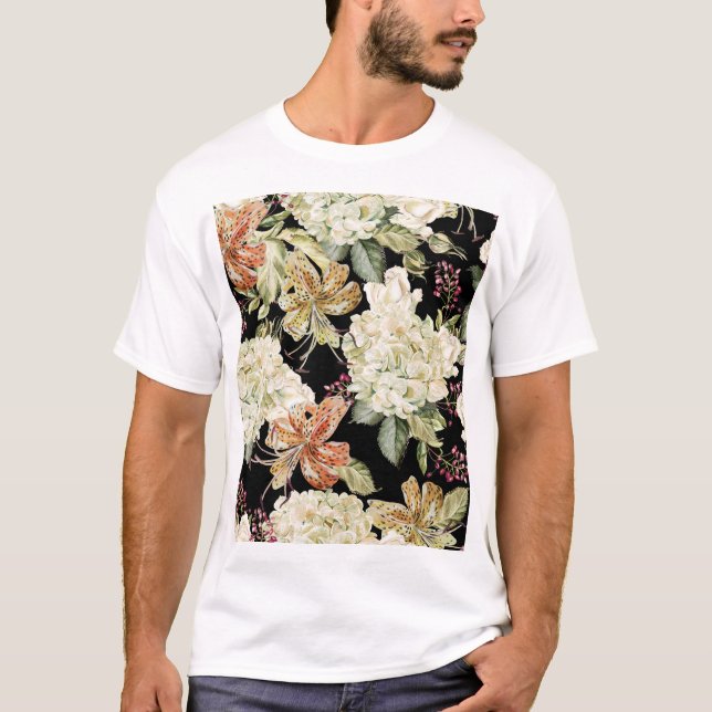 Watercolor Hydrangeas Lilies: Floral Pattern T-Shirt (Front)