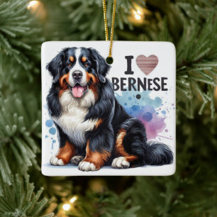 Watercolor I Love My Bernese Mountain Dog Ceramic Ornament