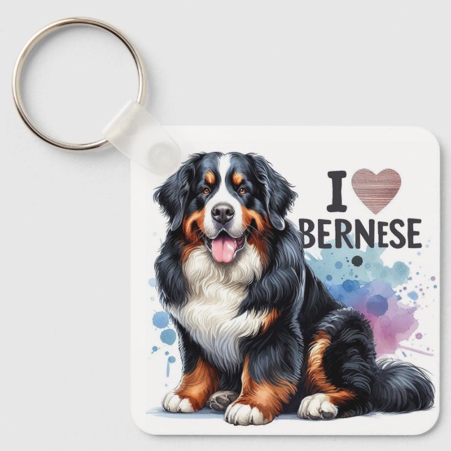 Watercolor I Love My Bernese Mountain Dog Key Ring (Front)