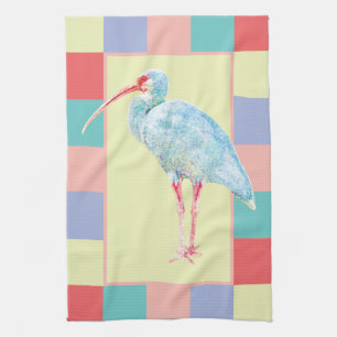 Watercolor Ibis Bird Chequerboard Design Tea Towel