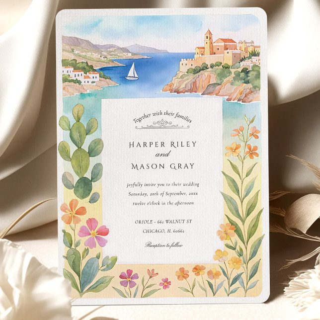 Watercolor Ibiza Coastal Castle Wedding Invitation (Creator Uploaded)