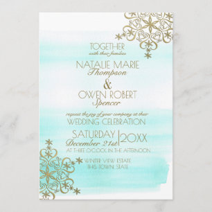 Watercolor Ice and Gold Snowflakes Winter Wedding Invitation