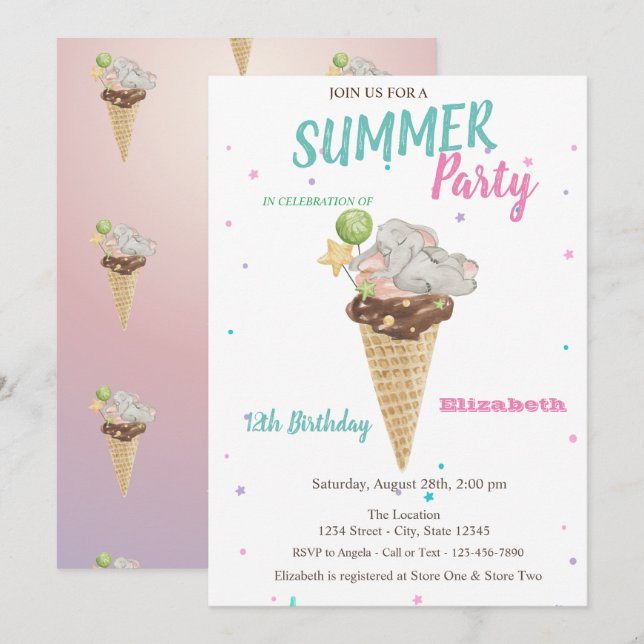 Watercolor Ice cream Baby Elephant Birthday Party Invitation (Front/Back)