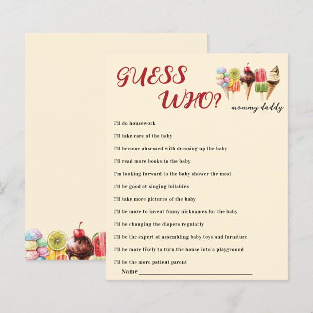 Watercolor Ice Cream Baby Shower Guess Who Game (Front/Back)