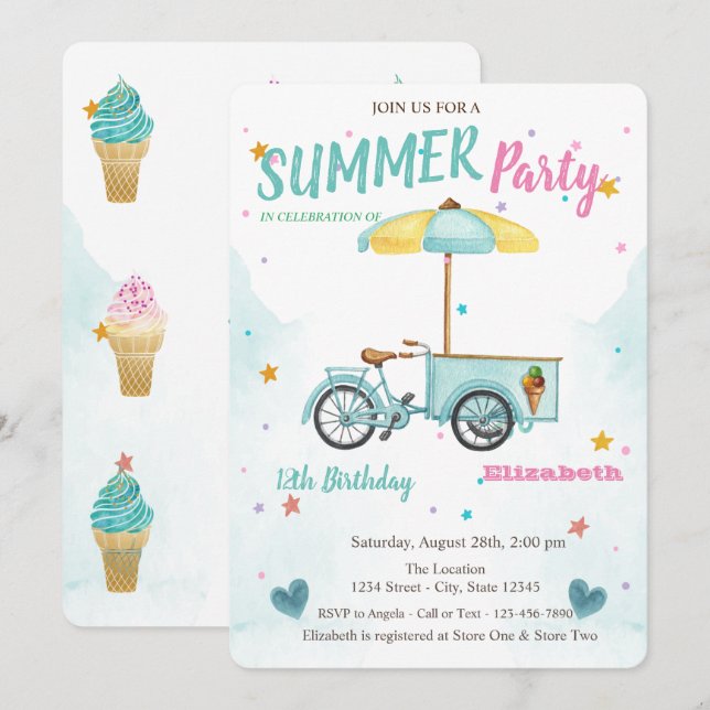 Watercolor Ice cream Bike Stars Birthday  Invitation (Front/Back)