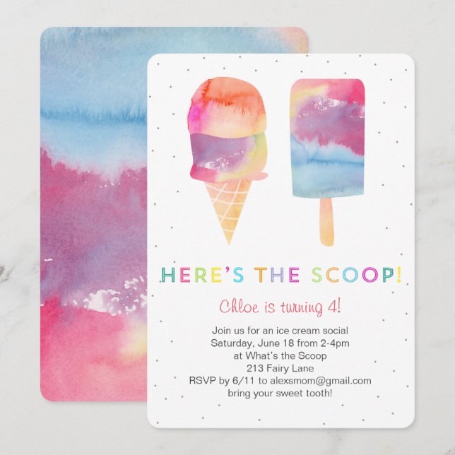 Watercolor Ice Cream Birthday Party Invite (Front/Back)