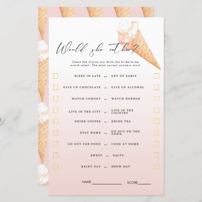 Watercolor Ice Cream Bridal Shower Games (Front/Back)