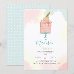 Watercolor Ice Cream Cake Birthday Party Invitation