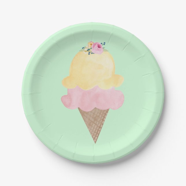Watercolor Ice Cream Cone Green Paper Plates (Front)