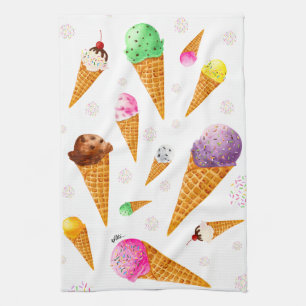 Watercolor Ice Cream Cones Tea Towel