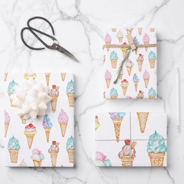 Watercolor Ice Cream Cones Wrapping Paper Sheet (Front)