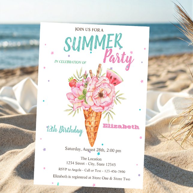 Watercolor Ice cream Floral Summer Birthday Party Invitation (Creator Uploaded)