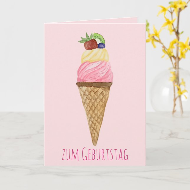 Watercolor Ice Cream German Birthday Card (Yellow Flower)