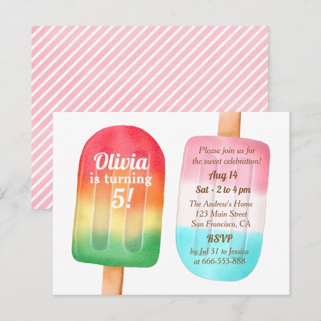 Watercolor Ice Cream Girls Birthday Party Invitation (Front/Back)