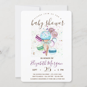 Watercolor Ice cream,Macarons,Stripes Baby Shower  Invitation