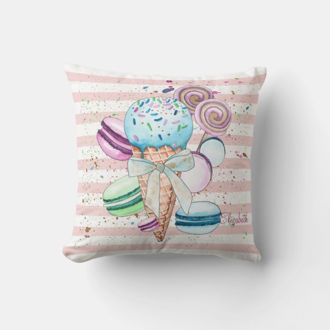 Watercolor Ice cream,Macaroons,Pink Stripes Cushion (Front)