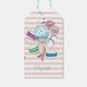 Watercolor Ice cream,Macaroons,Pink Stripes Gift Tags