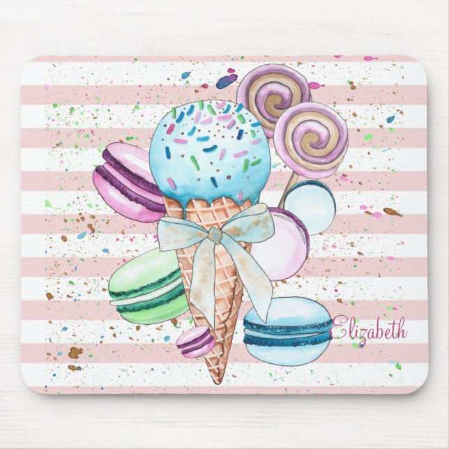 Watercolor Ice cream,Macaroons,Pink Stripes Mouse Mat (Front)
