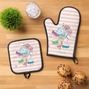 Watercolor Ice cream,Macaroons,Pink Stripes  Oven Mitt & Pot Holder Set