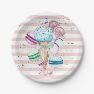Watercolor Ice cream,Macaroons,Pink Stripes Paper Plate