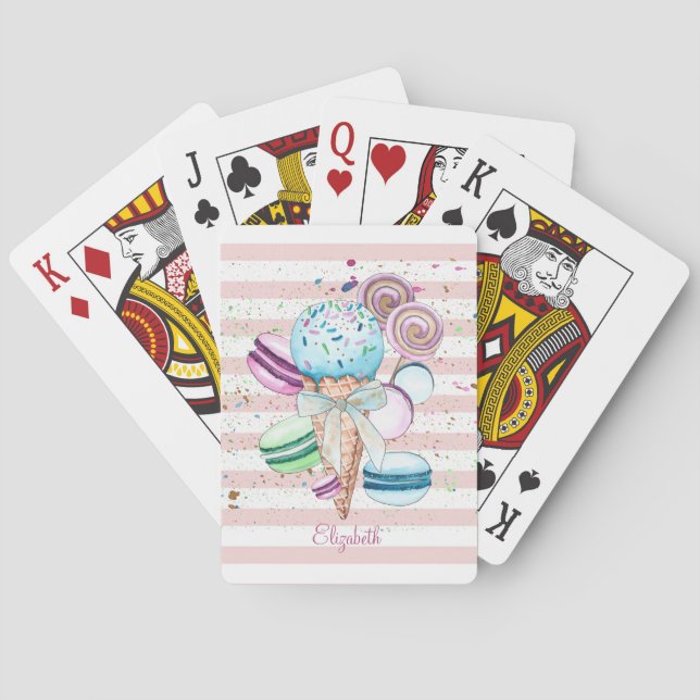 Watercolor Ice cream,Macaroons,Pink Stripes Playing Cards (Back)