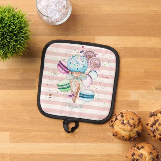 Watercolor Ice cream,Macaroons,Pink Stripes Pot Holder Zazzle