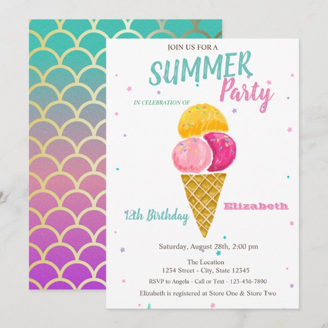 Watercolor Ice cream Mermaid Scales Birthday Party Invitation (Front/Back)