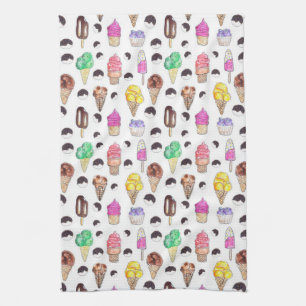 Watercolor Ice Cream Pattern Tea Towel