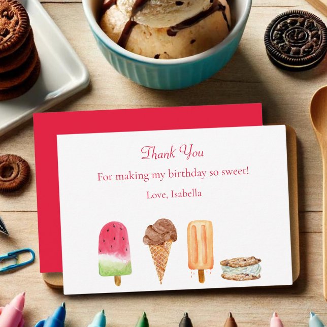 Watercolor Ice Cream & Popsicles Birthday Party Thank You Card (Creator Uploaded)