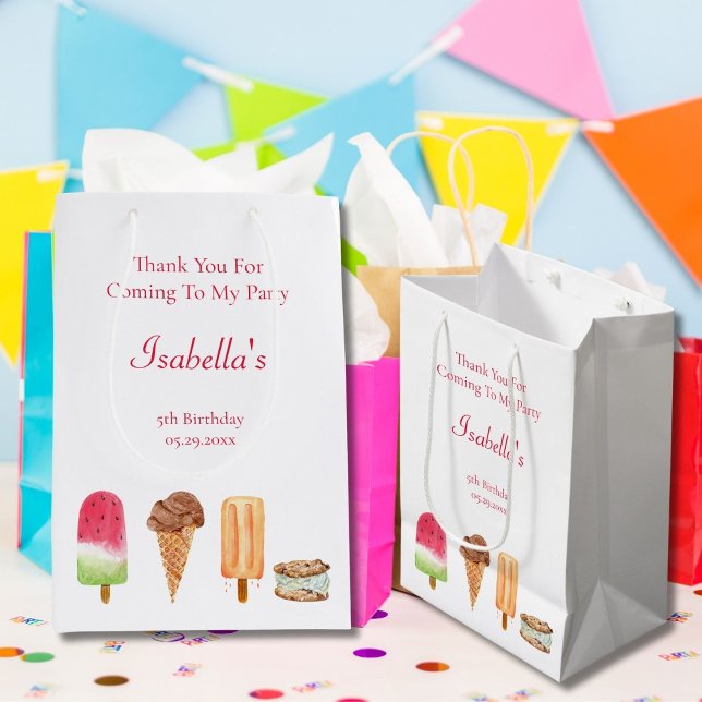 Watercolor Ice Cream & Popsicles Birthday Thanks Medium Gift Bag (Charming Watercolor Ice Cream & Popsicles Bag: Ideal for Birthday Gift Giving or favor bag! )