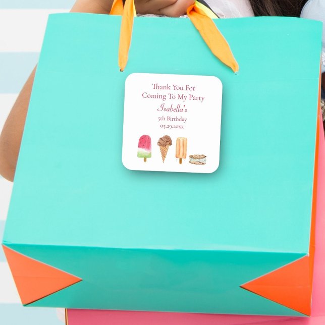 Watercolor Ice Cream & Popsicles Birthday Thanks Square Sticker (A colorful thank you sticker for your gift bag! )
