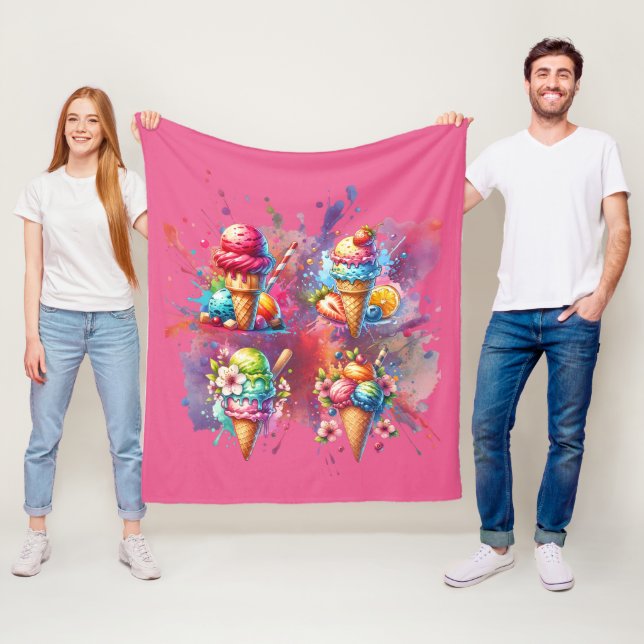 Watercolor Ice Cream Print – Colourful Summer Dess Fleece Blanket (In Situ)