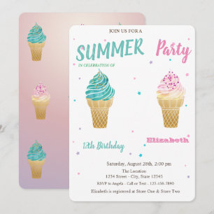 Watercolor Ice cream Stars Birthday Invitation
