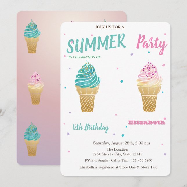 Watercolor Ice cream Stars Birthday   Invitation (Front/Back)