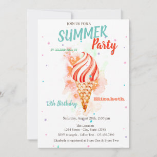 Watercolor Ice cream Stars Birthday Party Invitation